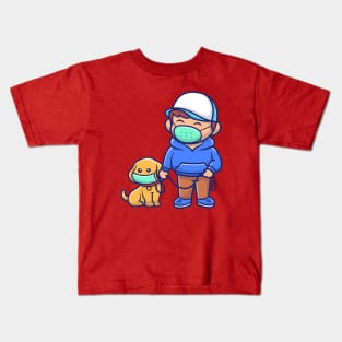 Cute Boy With Dog Wearing Mask Cartoon Kids T-Shirt